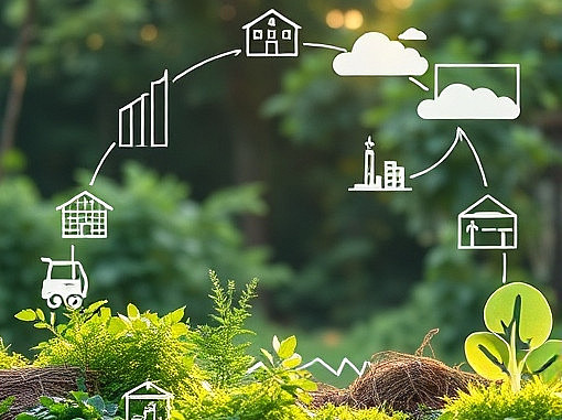 Naturähnlicher Hintergrund mit weißen Symbolen, Sujetbild für Sustainable Supply Chains ©KI-generiert, Creative Commons