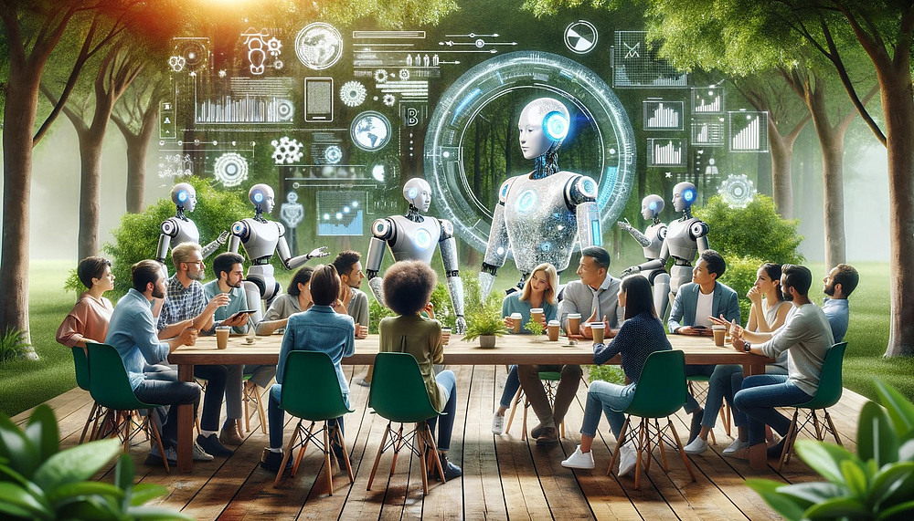 KI-generiertes Bild: Langer Tisch mit vielen Personen, im Hintergrund Bäume, Roboter und Symbole 