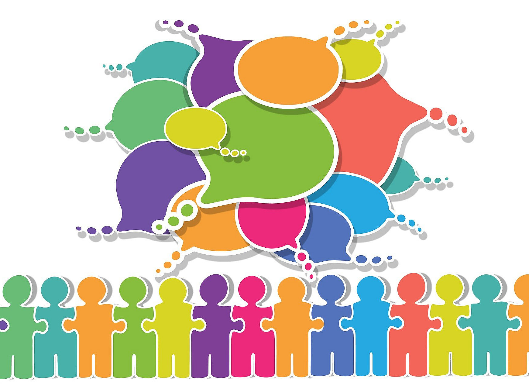 Several stylised figures in rainbow colours stand in a long row at the bottom of the picture, above which speech bubbles in all rainbow colours float in the middle of the picture. ©geralt (Pixabay)