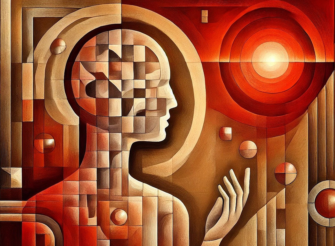 Abstraktes Bild eines Menschen in Seitenprofil, der eine rote glühende Kugel ansieht. Das Bild ist abstrakt mit vielen roten und brauen Elementen. Außerdem sind viele Formen in einer Holzstruktur ©KI-generiert