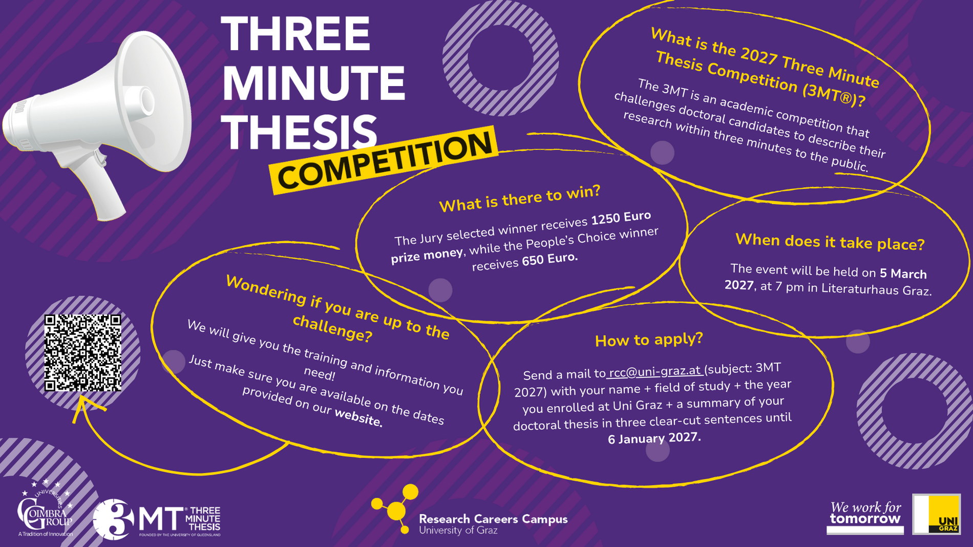A powerpoint presentation detailing info about 3MT 2027. Details also written out below picture. 