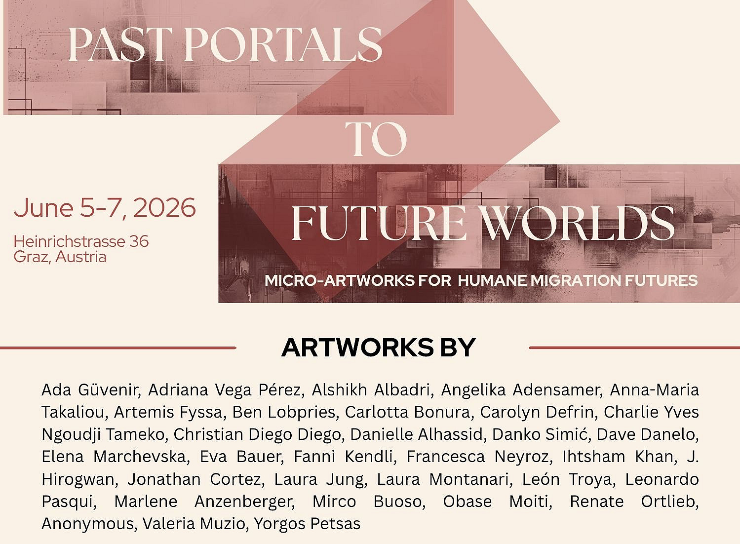 The poster features a geometric design with overlapping shapes in muted pink and beige tones. The main title is prominently displayed in large, elegant fonts. Below the title, the subtitle emphasizes the theme of micro-artworks and humane migration futures. 