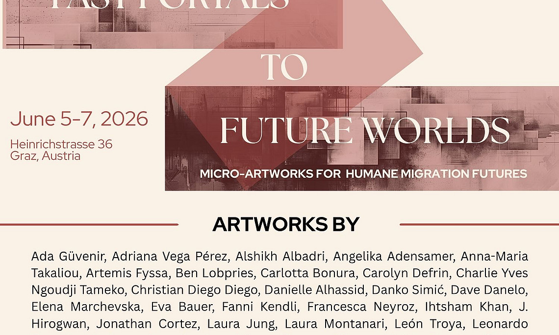 The poster features a geometric design with overlapping shapes in muted pink and beige tones. The main title is prominently displayed in large, elegant fonts. Below the title, the subtitle emphasizes the theme of micro-artworks and humane migration futures.