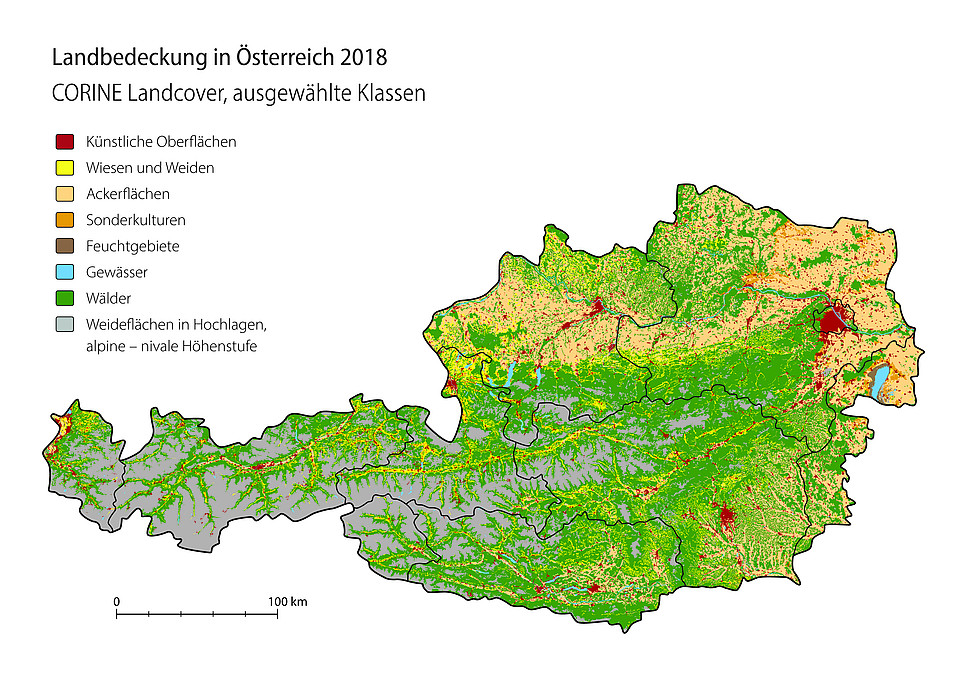 Karte der Landbedeckung Österreichs, in der die Hochlagen im Westen ersichtlich sind sowie die vielen Ackerflächen im Norden bzw. Osten.