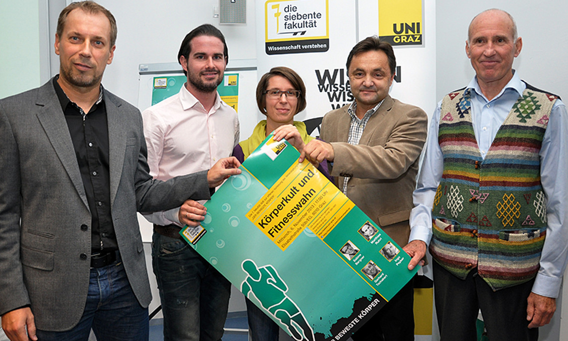 Sportwissenschafter Gerhard Tschakert, Wirtschaftsmann Matthias Ruhri, Führungskräfte-Expertin Sabine Bergner, 7. fakultäts-Erfinder Alfred Gutschelhofer und Olympiateilnehmer Ingp Peyker (v.l.)