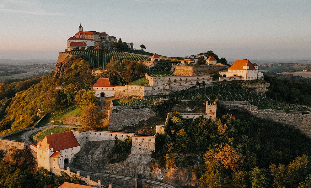Eine historische Burganlage thront auf einem bewaldeten Hügel inmitten einer sanften Hügellandschaft. Die Burg besteht aus mehreren Gebäuden mit roten Dächern und ist von terrassenförmig angelegten Weinbergen und mächtigen Steinmauern umgeben. Der Sonnenuntergang taucht die Szene in warmes, goldenes Licht. Im Hintergrund erstreckt sich die ländliche Umgebung mit Feldern, kleinen Wäldern und vereinzelten Häusern bis zum Horizont.