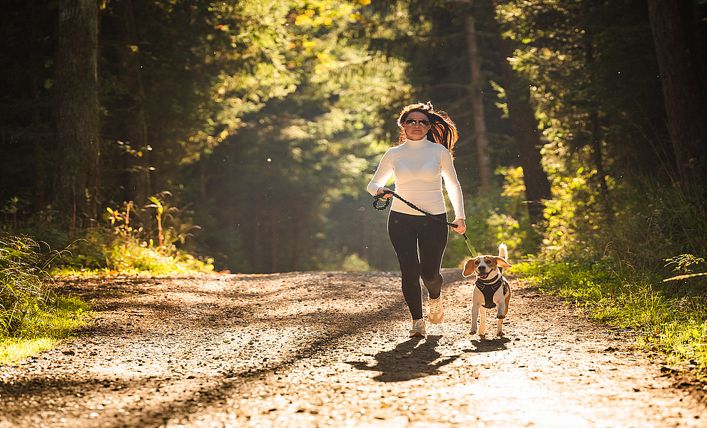 eine Frau läuft mit einem Hund an der Leine durch den Wald