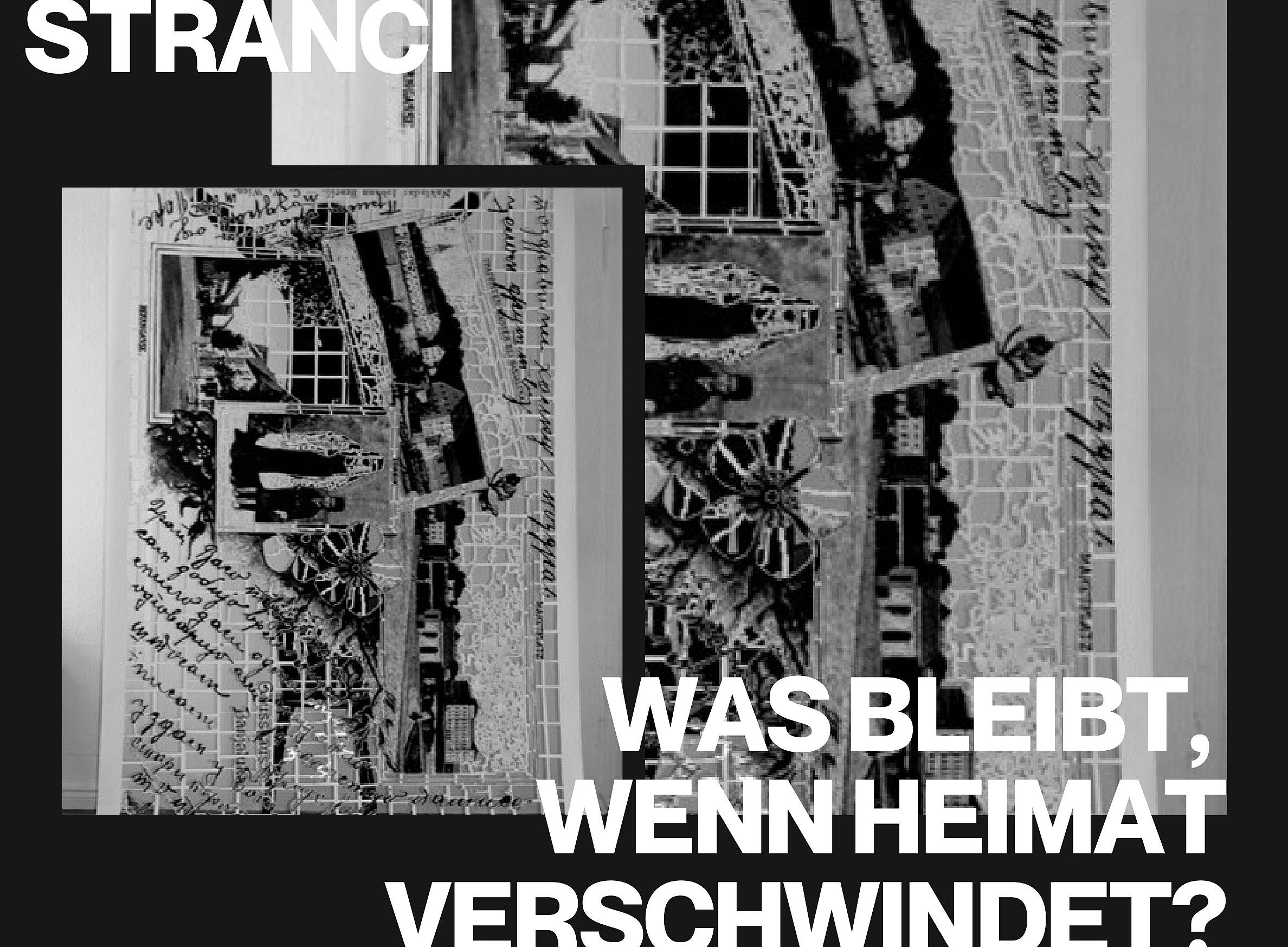 The background consists of abstract black-and-white collage artwork, possibly showing layered architectural drawings, handwritten text, and fragmented images — evoking themes of memory, displacement, and reconstruction. ©@ Alma Durakovic 