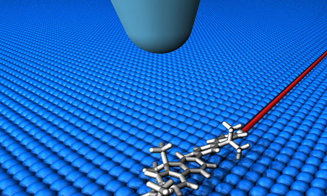 A single molecule is transfered from a sender to a recipient. The movement can be precisely directed by the tips of a scanning tunnelling microscope. Image: Uni Graz/Grill