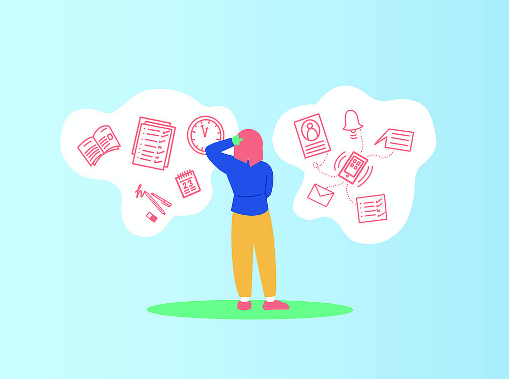 Illustration einer Frau von hinten, die sich an den Kopf greift, neben ihr sind Bilder von Uhren, Kalendern und Handybenachrichtigungen ©Out of Habit Design/Julia Stubenböck