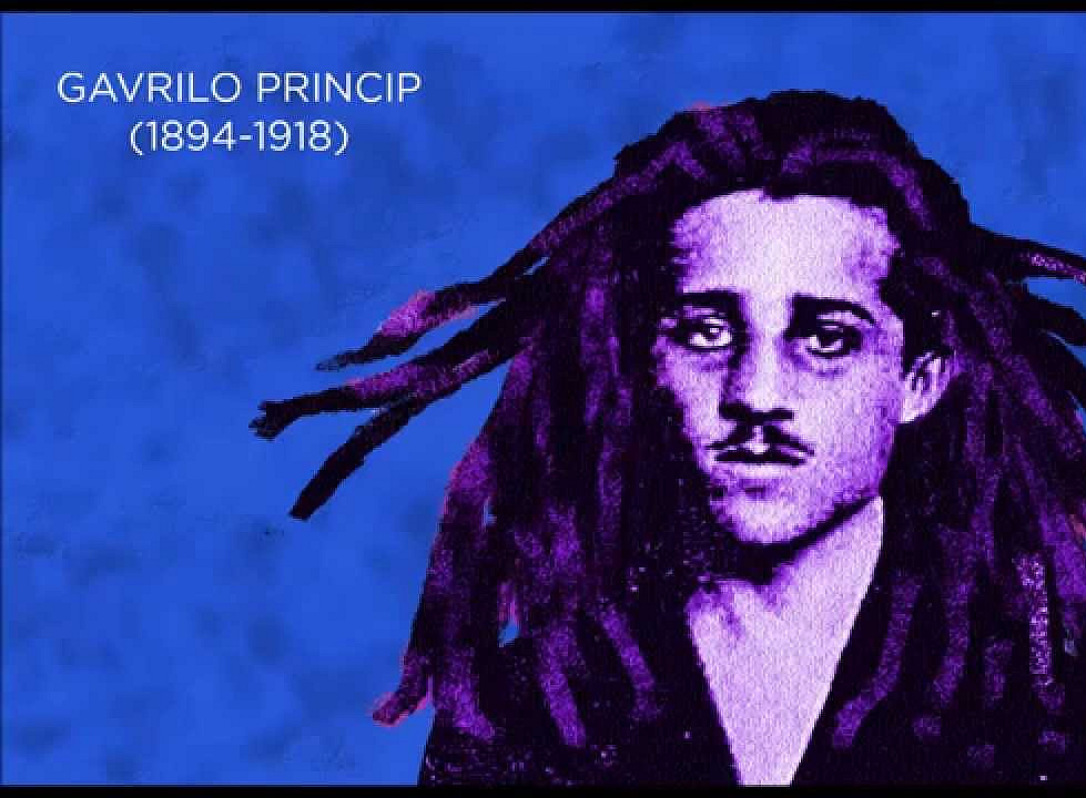 The image is a stylized, digitally altered portrait with a blue background. At the top left, the text reads "GAVRILO PRINCIP (1894-1918)." The central figure has long, purple dreadlocks and is wearing a dark garment ©@: YouTube cover image for the song “Shotgun Roots” by FC Apatride UTD, 2014.