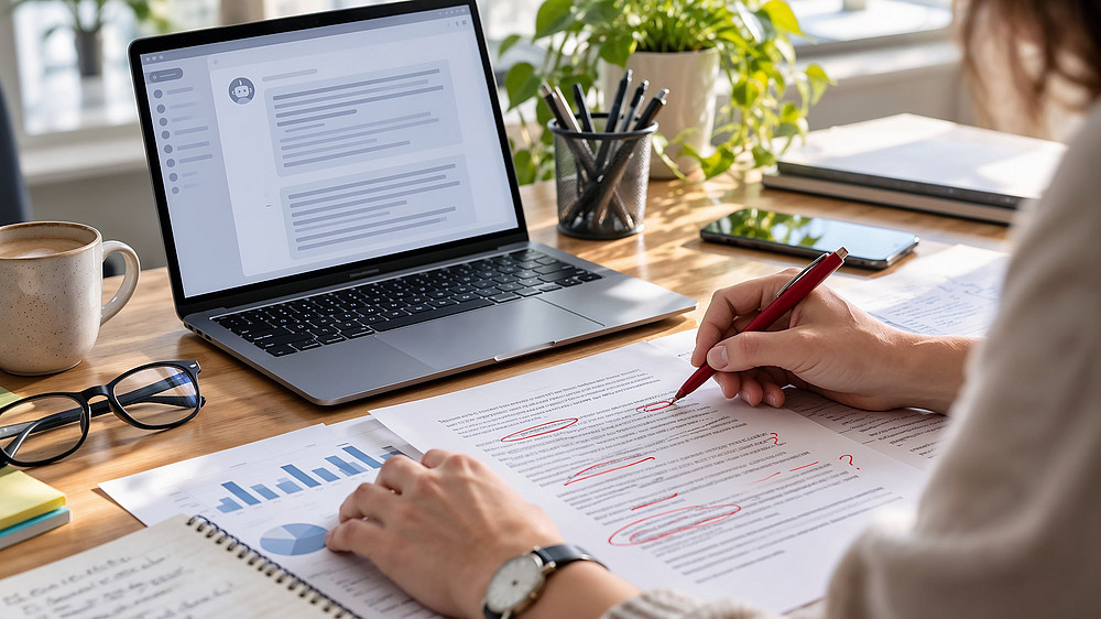 Person arbeitet an Schreibtisch mit Laptop, Kaffee, Brille, ausgedrucktem Text mit Annotationen, Pflanze. ©Pixabay (ThankYouFantasyPictures)