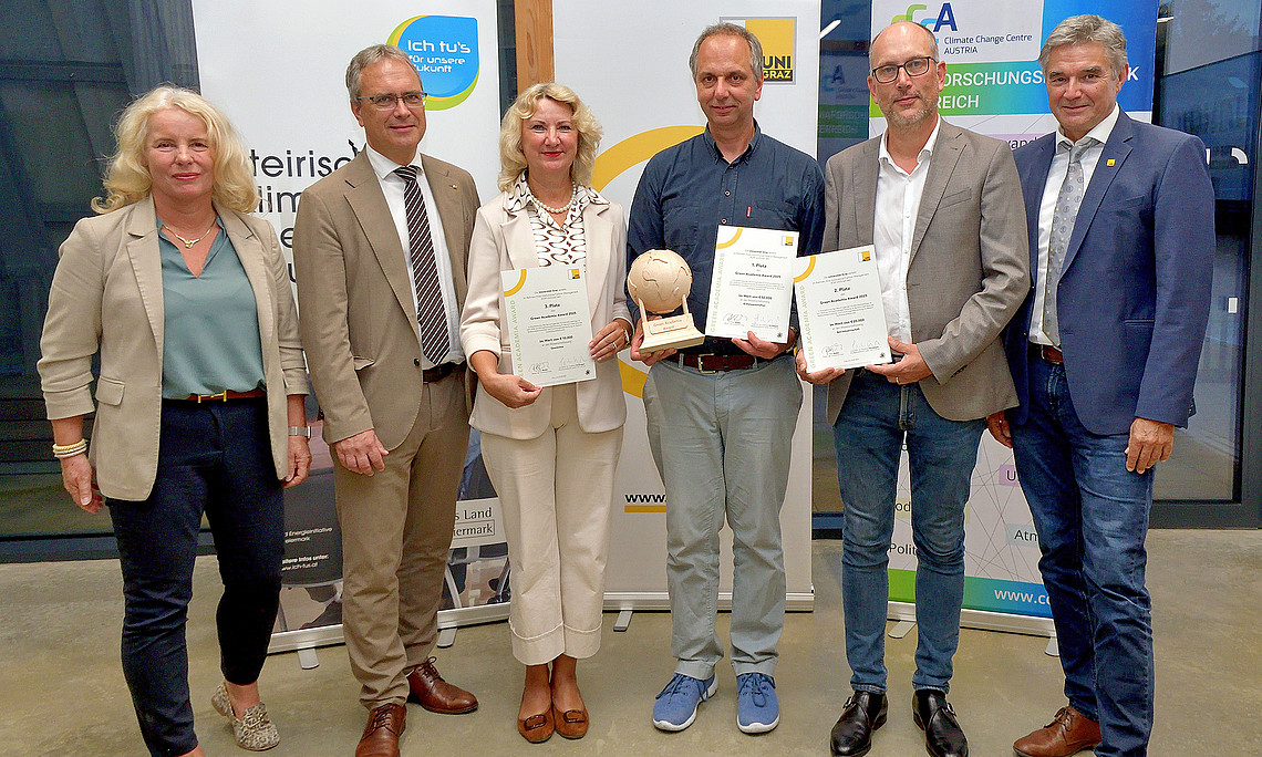 Gruppenfoto nach der Verleihung des Green Academia Award der Uni Graz 2025: Andrea Gössinger-Wieser, Peter Riedler, Margit Reitbauer, Steffen Birk, Marc Reimann, Joachim Reidl (v.l.).