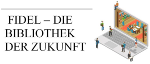 Logo des Projektes: " FIDEL die Bibliothek der Zukunft" zeigt einen aufgeklappten Laptop auf dem kleine Figuren stehen ©©Austria Forum Katharina Ziegler