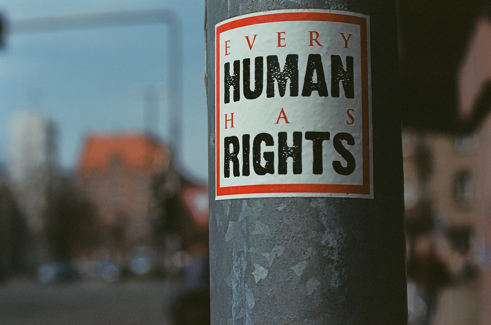 Sticker auf einer Stange mit Aufschrift "Every Human has Rights" 