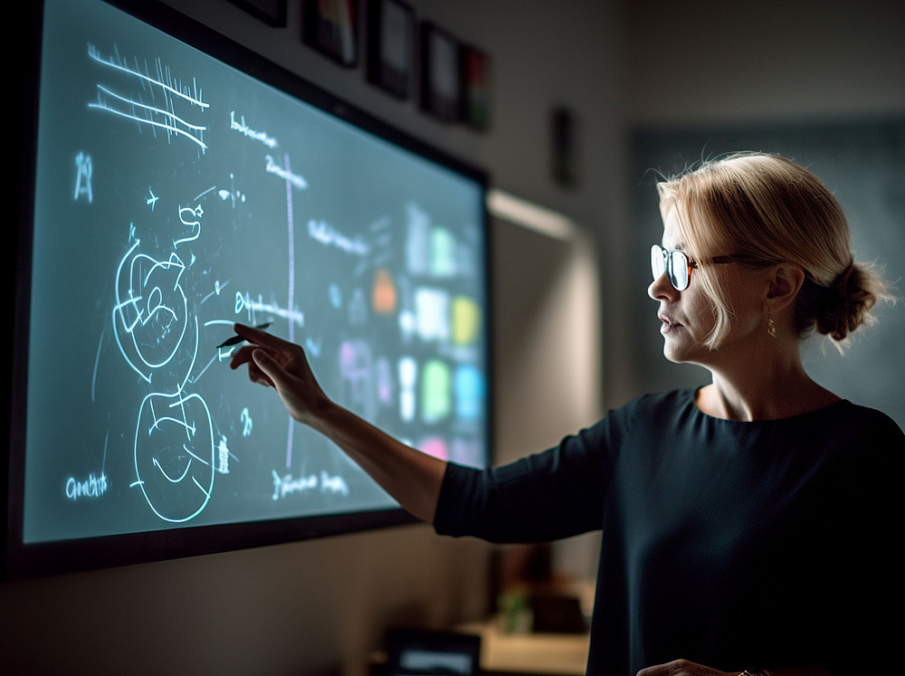 Frau steht an einem Whiteboard und symbolisiert die Projekte am Institut für Sprachwissenschaft ©Катерина Євтехова - stock.adobe.com