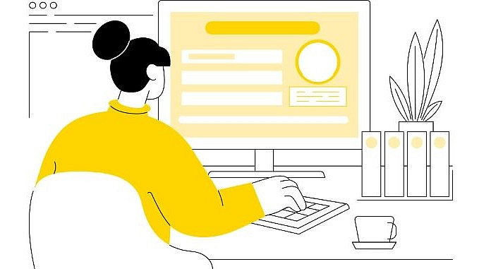 Illustration: A person is sitting at a desk working on a computer; next to them are folders, a plant and a cup. ©Canva-VisualGeneration