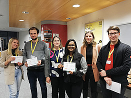 BioTechMed-Graz Poster Prize winners (from left: Julia Skerjanz, Juan Toledo Marcos, Swasti Rawal, Kirill Kuhlman) with Dr. Katharina Köchl from Innophore GmbH and Ass.-Prof. Tea Pavkov-Keller