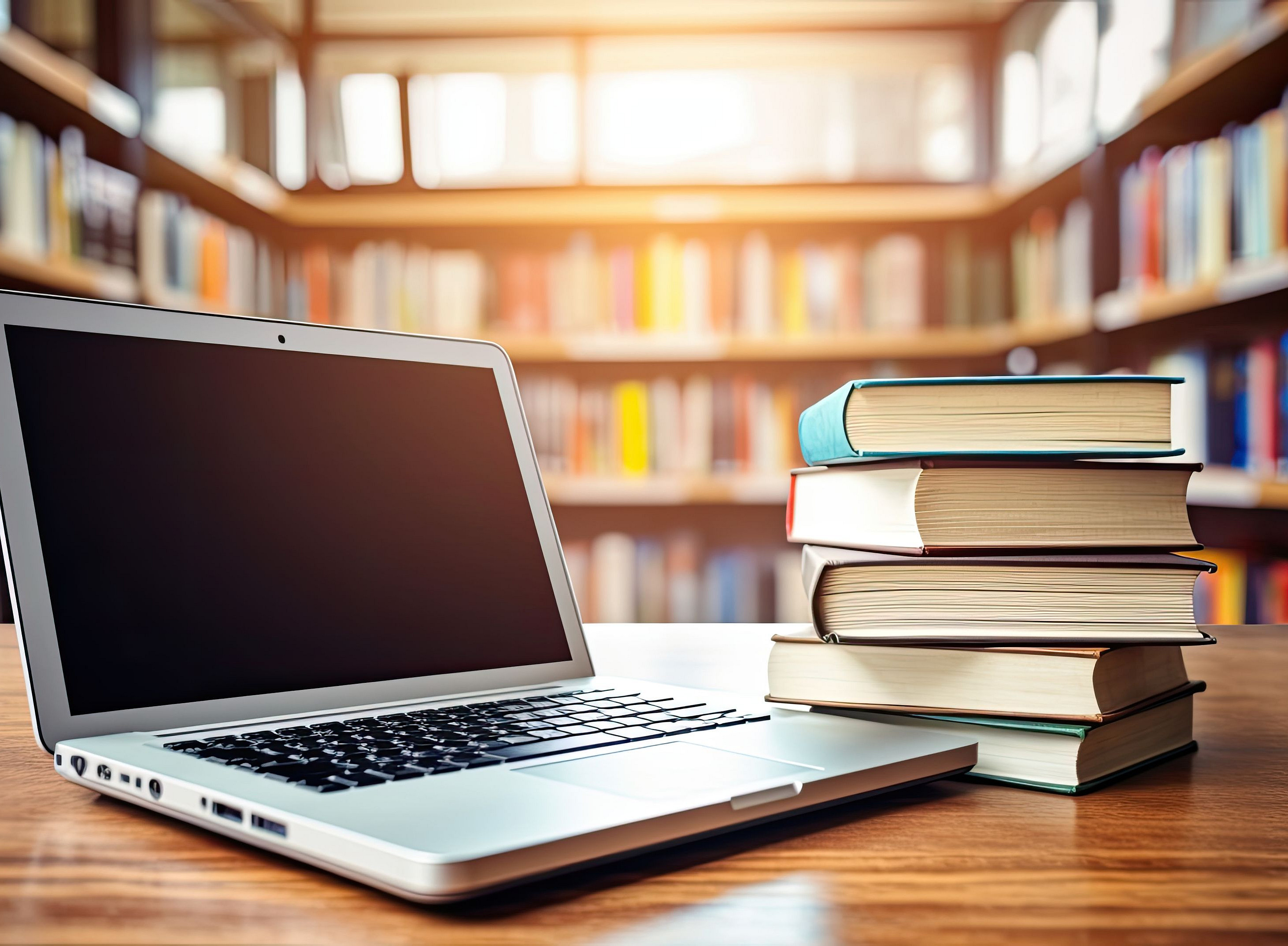 Ein aufgeklappter Laptop und ein Bücherstapel ©Marat - stock.adobe.com