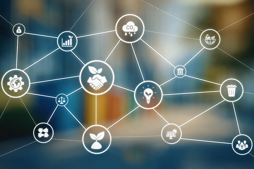 ESG (Environmental, Social and Governance) icons, connected by dotted lines, like a network