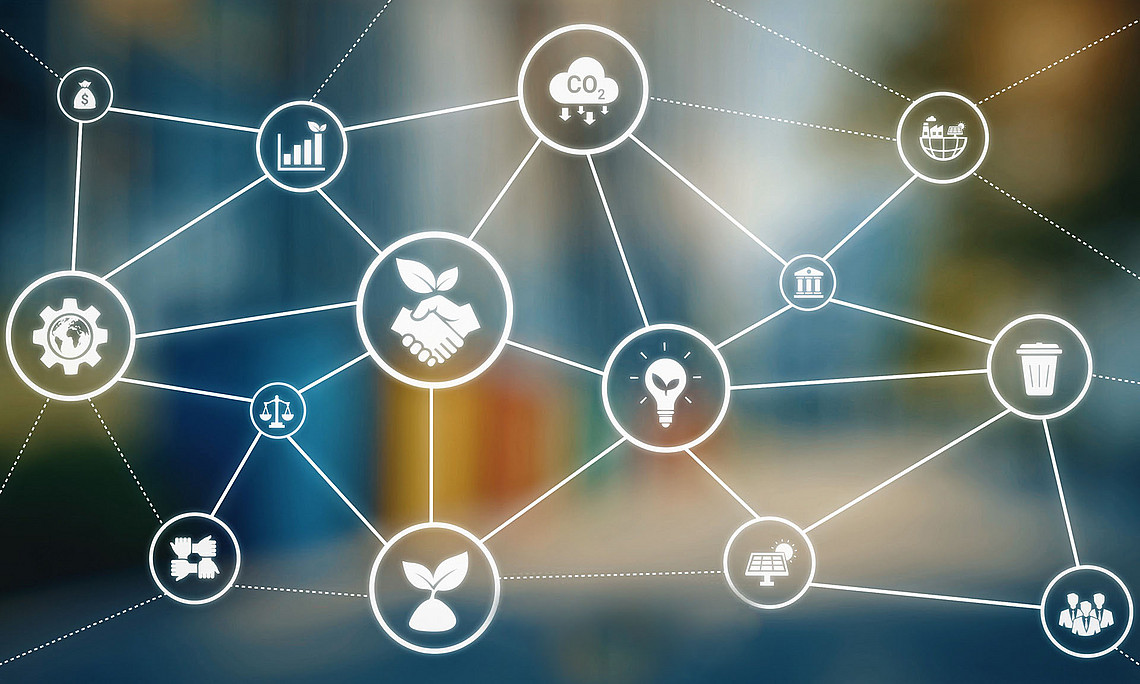 Grafik mit Symbolen zu Umwelt, Soziales und Unternehmensführung, verbunden durch strichlierte Linien, wie ein Netzwerk