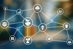 ESG (Environmental, Social and Governance) icons, connected by dotted lines, like a network