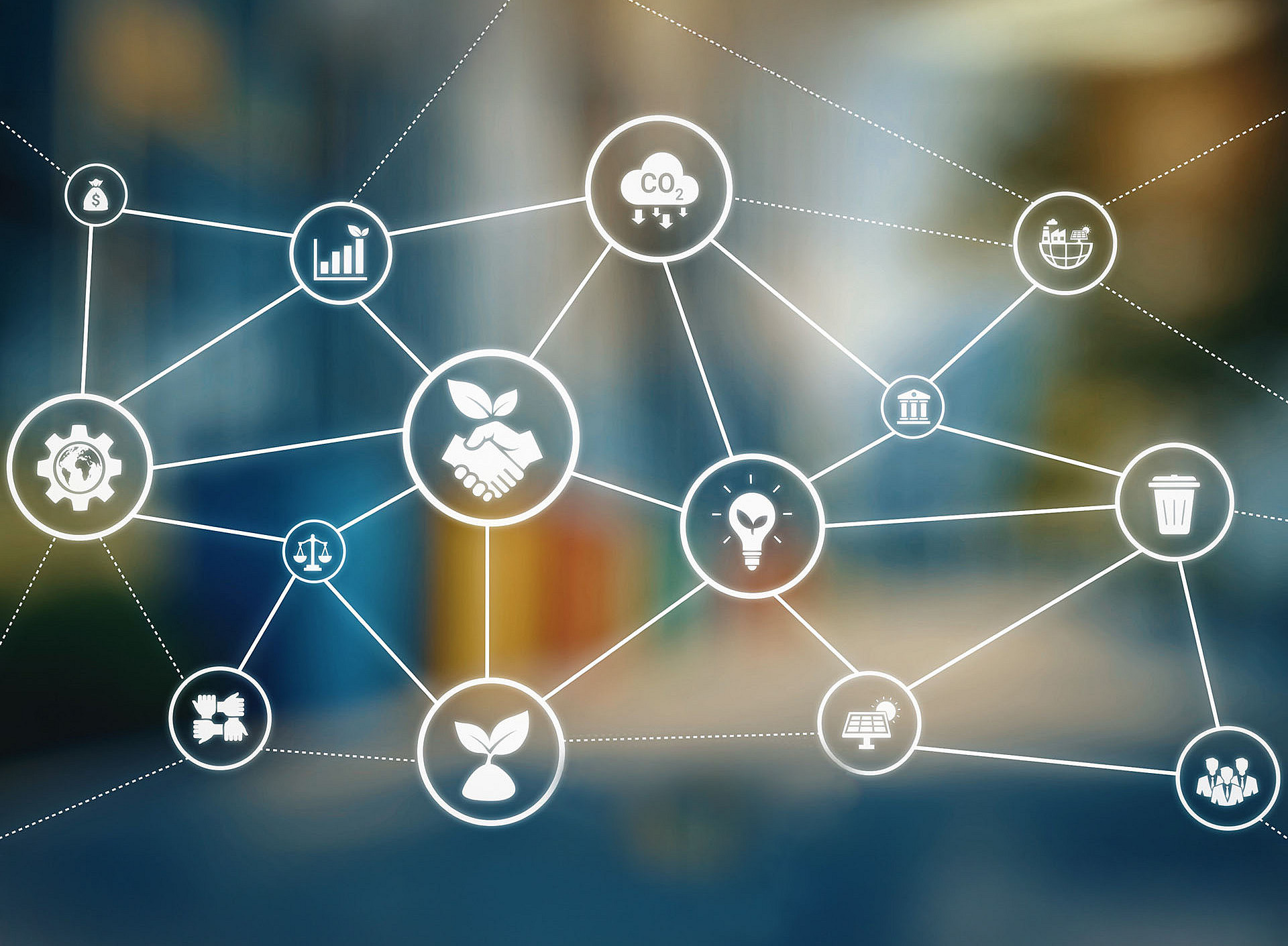 Grafik mit Symbolen zu Umwelt, Soziales und Unternehmensführung, verbunden durch strichlierte Linien, wie ein Netzwerk ©InfiniteFlow - stock.adobe.com