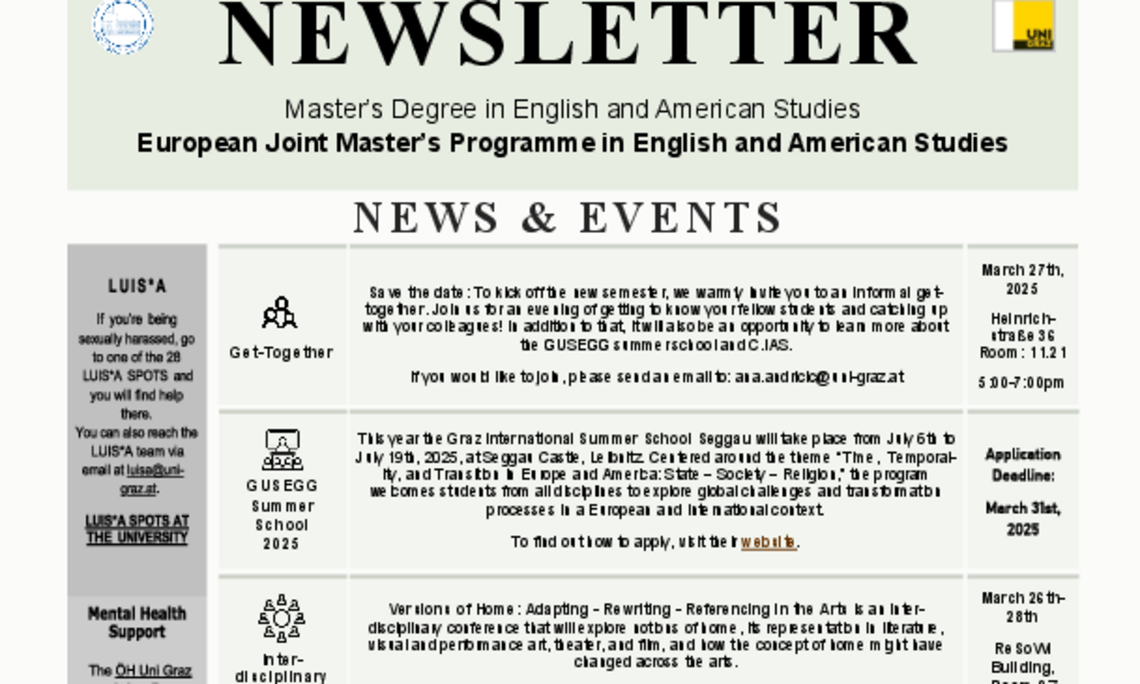 Monthly newsletter of the European Joint Masters Programme in English and American Studies at the University of Graz March 2025