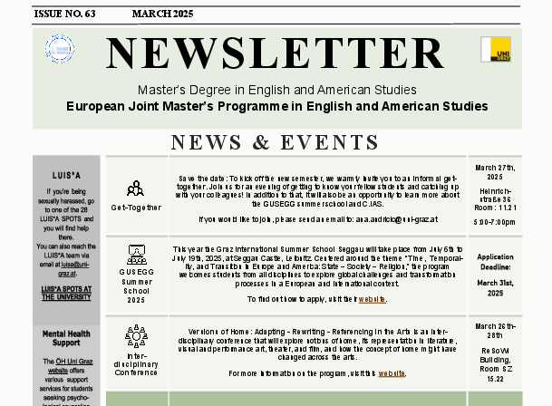 Monthly newsletter of the European Joint Masters Programme in English and American Studies at the University of Graz March 2025 ©University of Graz / Department of English Studies