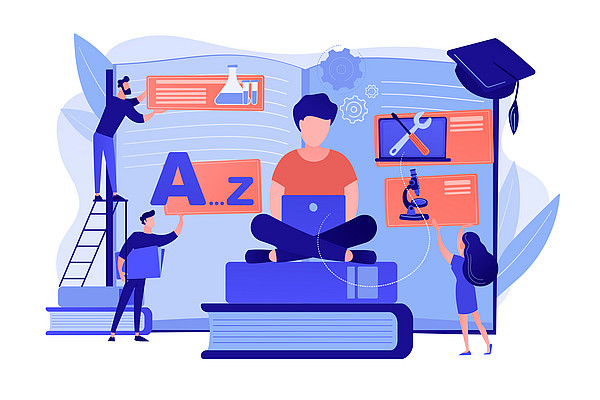 Studierender sitzt auf einem Stapel überdimensional großer Bücher und lernt an seinem Computer, um den Studienabschluss zu erreichen.