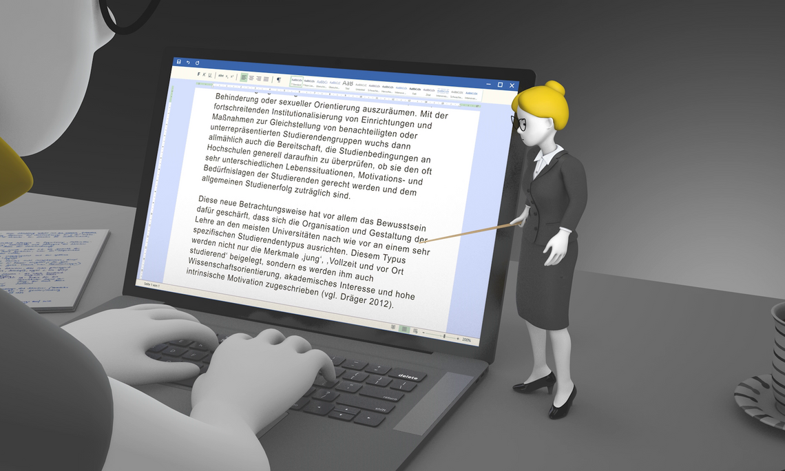 Eine Person tippt am Laptop. Neben dem Laptop steht eine kleine Figur mit einem langen Taktstock und blickt besorgt auf den Textentwurf, der auf dem Laptopbildschirm zu sehen ist. Neben der schreibenden Person liegen handschriftliche Notizen. Eine Kaffeetasse ist am Bildrand zu sehen. 
