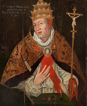 Gregory the Great in rotem Priestergewand mit einem Kreuz mit der Abbildung von Jesus darauf 