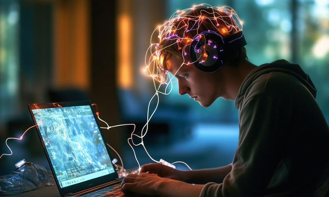 Person using a neural interface device for computing, highlighting advancements in biotechnology and the onset of the singularity, future of brain-computer interaction, generative ai 