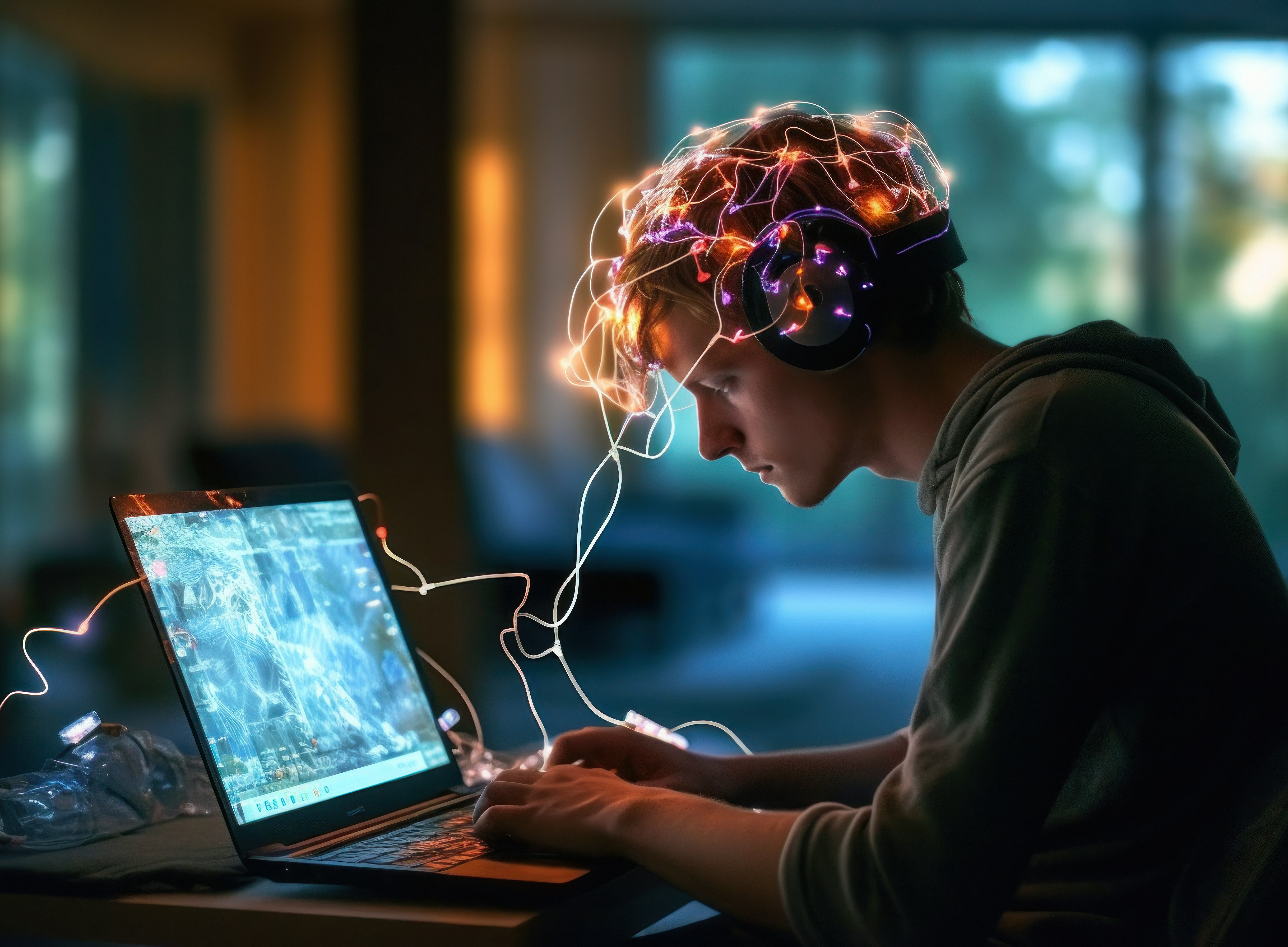 Person using a neural interface device for computing, highlighting advancements in biotechnology and the onset of the singularity, future of brain-computer interaction, generative ai ©InputUX - stock.adobe.com