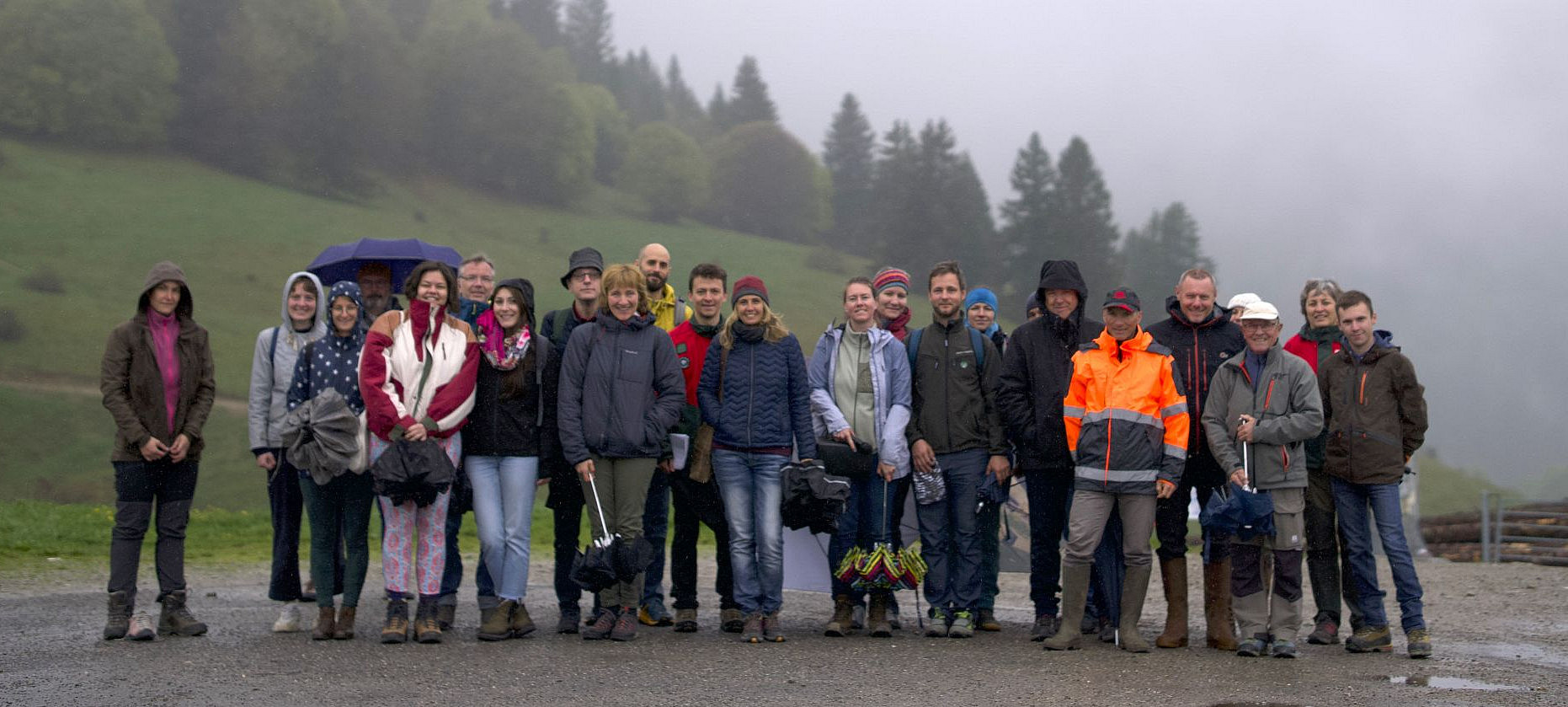 The people in the project consortium on a rainy day in a French forest. ©Forest EcoValue