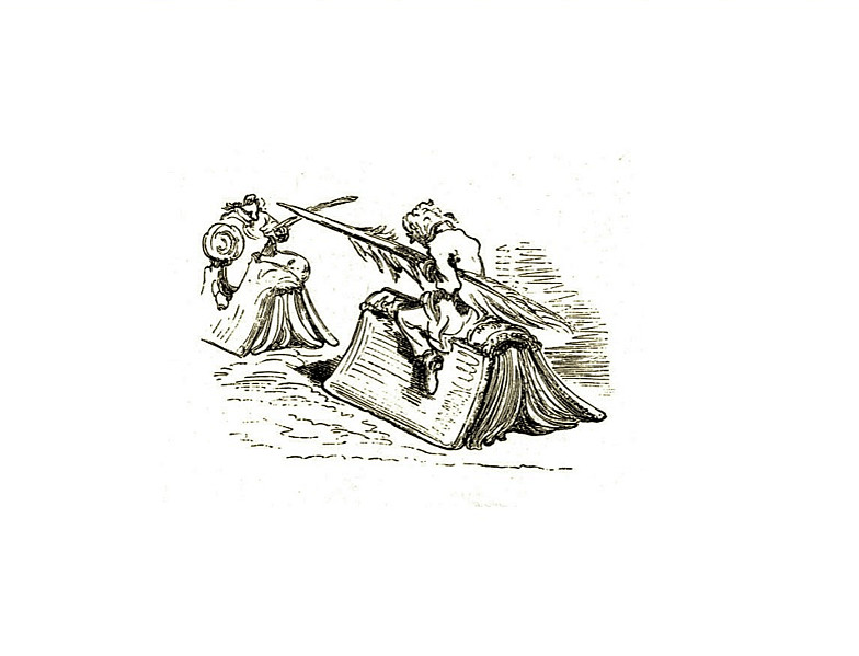 Cartoon Autor auf Buch gegen Ritter 