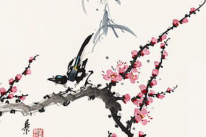 Chinesische Malerei mit Vogel auf einem Ast mit Blüten