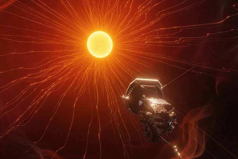 Künstlerische Darstellung der Parker Solar Probe, die sich der kritischen Alfvén-Oberfläche nähert, welche das Ende der Sonnenatmosphäre und den Beginn des Sonnenwinds markiert. Quelle: http://parkersolarprobe.jhuapl.edu