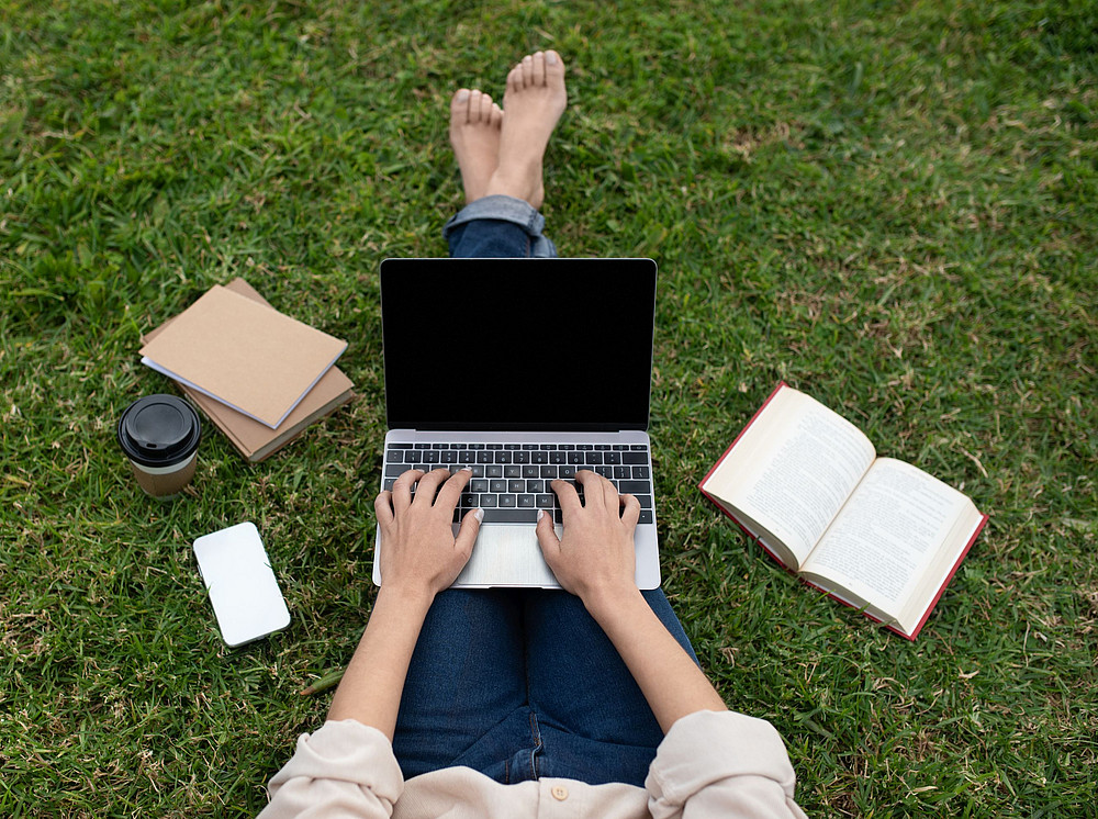 Person sitzt im Gras mit einem Laptop ©Prostock-studio - stock.adobe.com
