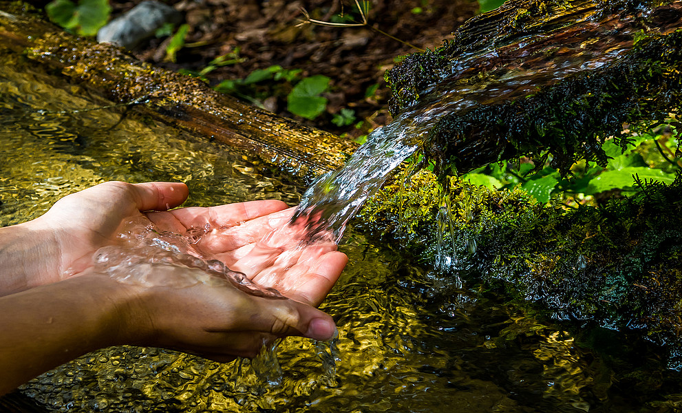 Hände zu einer Schüssel geformt fangen frisches Gebirgsquellwasser auf 
