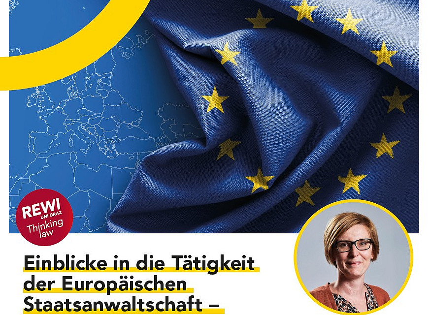 Titel "Einblicke in die Tätigkeit der Europ. Staatsanwaltschaft" vor Europafahne und Bild der Vortragenden Maga. Jilek 