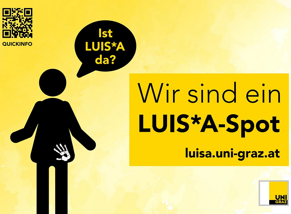 Tafel zur Kennzeichnung eines LUIS*A-Spots: Schematische Darstellung einer Person mit einem Handabdruck im unteren Körperbereich, eine Sprechblase, in der steht "Ist LUIS*A da?" Daneben die Aufschrift "Wir sind ein LUIS*A-Spot luisa.uni-graz.at", zusätzlich ein QR Code und das Logo der Uni Graz ©Background freepic.com Icon hand istock.com Grafik Communication & Publics Universität Graz