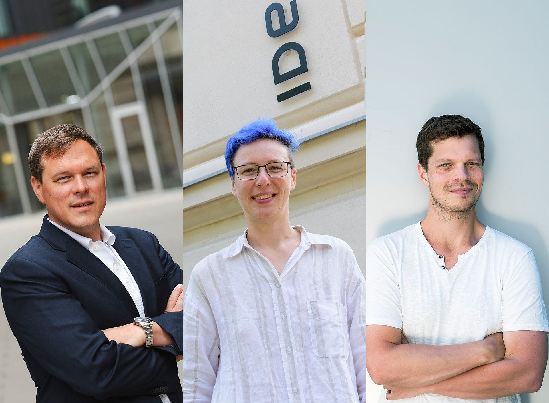 Eine Collage aus drei Personen: ein Mann mit braunen Haaren in Geschäftskleidung, stehend; eine Frau mit kurzen, lockigen, blau gefärbten Haaren, die ein weißes Leinenhemd und Jeans trägt; ein großer Mann, der lässig gekleidet ist und geradeaus schaut, mit einem hellgrauen T-Shirt und verschränkten Armen. 