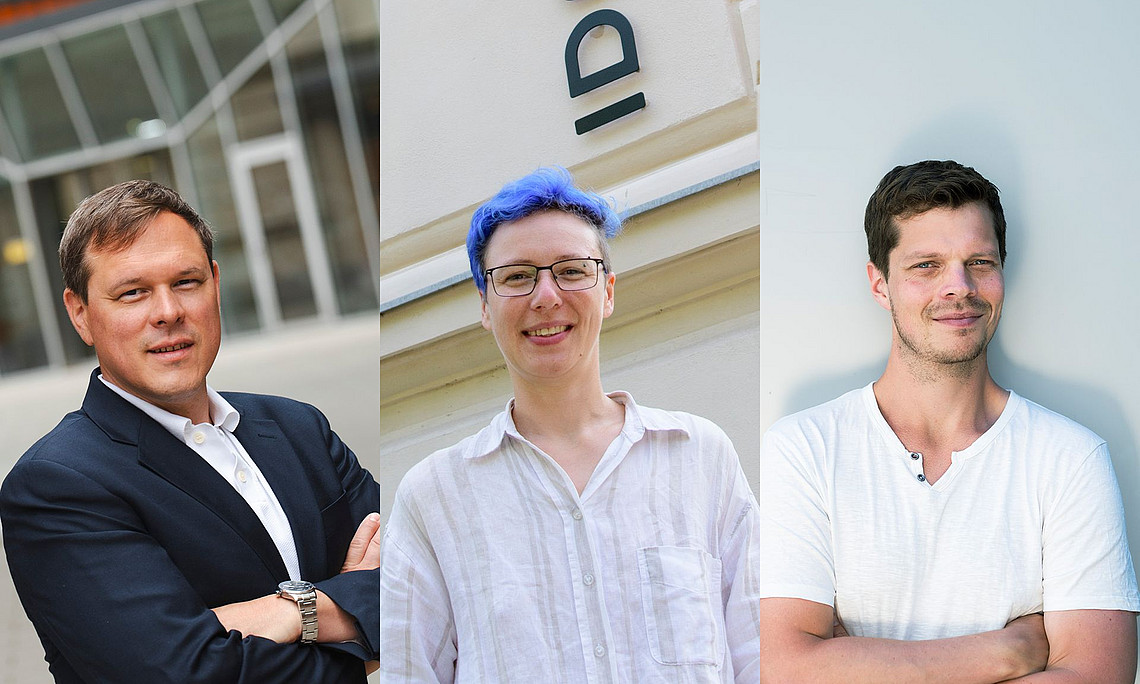 A collage of three people: one man with brown hair in business attire standing; one woman with short, curly, dyed-blue hair wearing a white linen shirt and jeans; a tall man dressed casually and looking straight ahead, wearing a light grey t-shirt with his arms crossed.