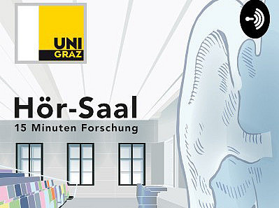 Ein gezeichnetes Ohr im Alumnihörsaal, das den Hör-Saal Podcast symbolisiert. ©Uni Graz