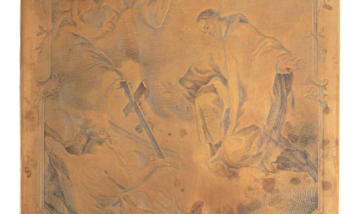 Universitätsmuseen: Objekt des Monats August zeigt die Kupferstichplatte mit dem Heiligen Johannes Nepomuk und der Jungfrau Maria mit Jesuskind