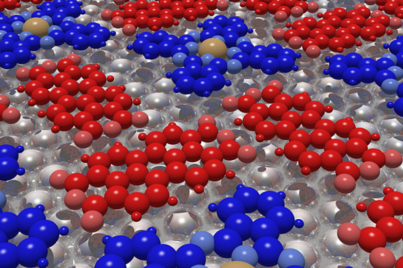 Die Moleküle PTCDA (rot) und CuPc (blau) adsorbieren auf einer Silberoberfläche. Bild: Daniel Lüftner