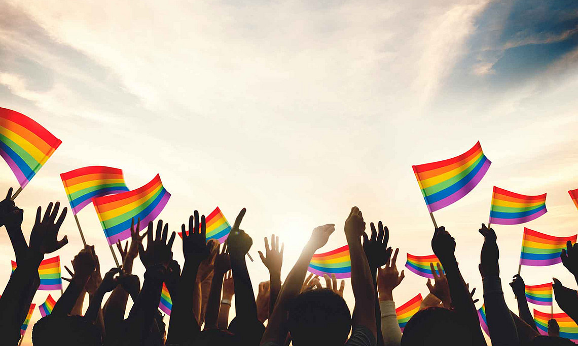 Menschen halten Rainbow-Fahnen in die Höhe