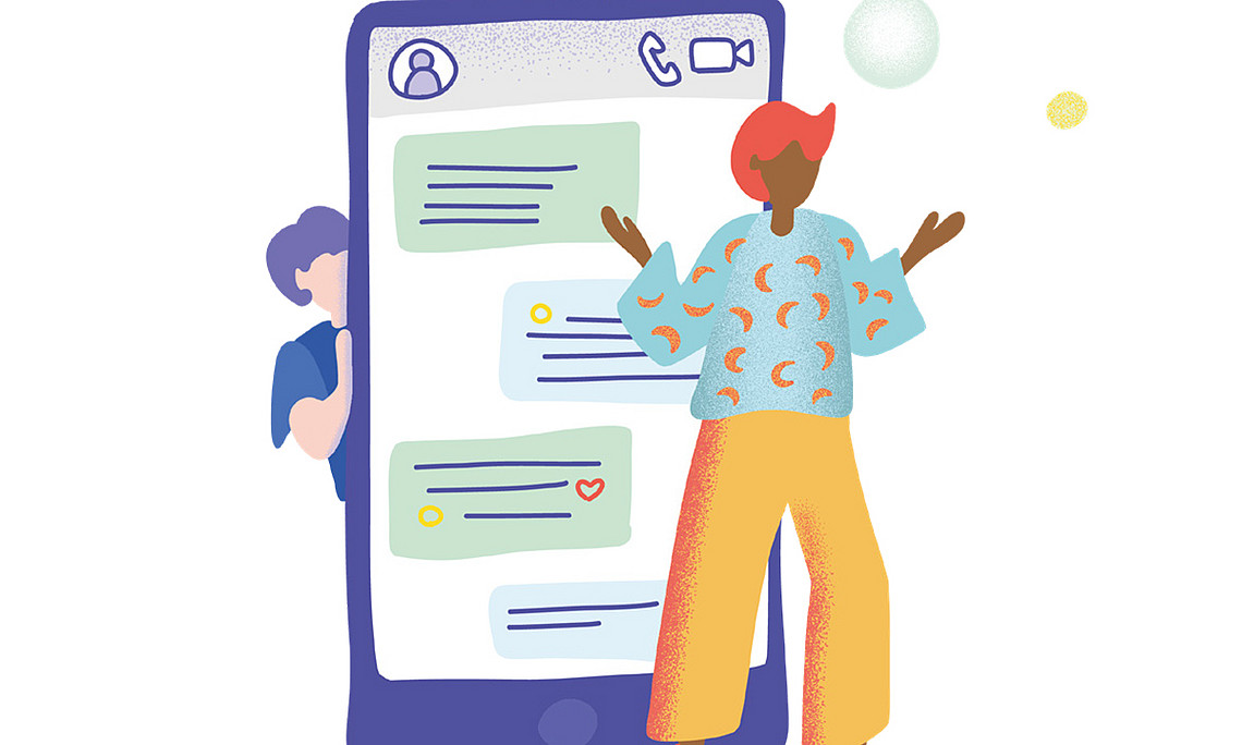 Darstellung eines großen Smartphones mit einer Person davor und einer, die hinter dem Smartphone hervorschaut. Grafik: Projekt digi@socialwork