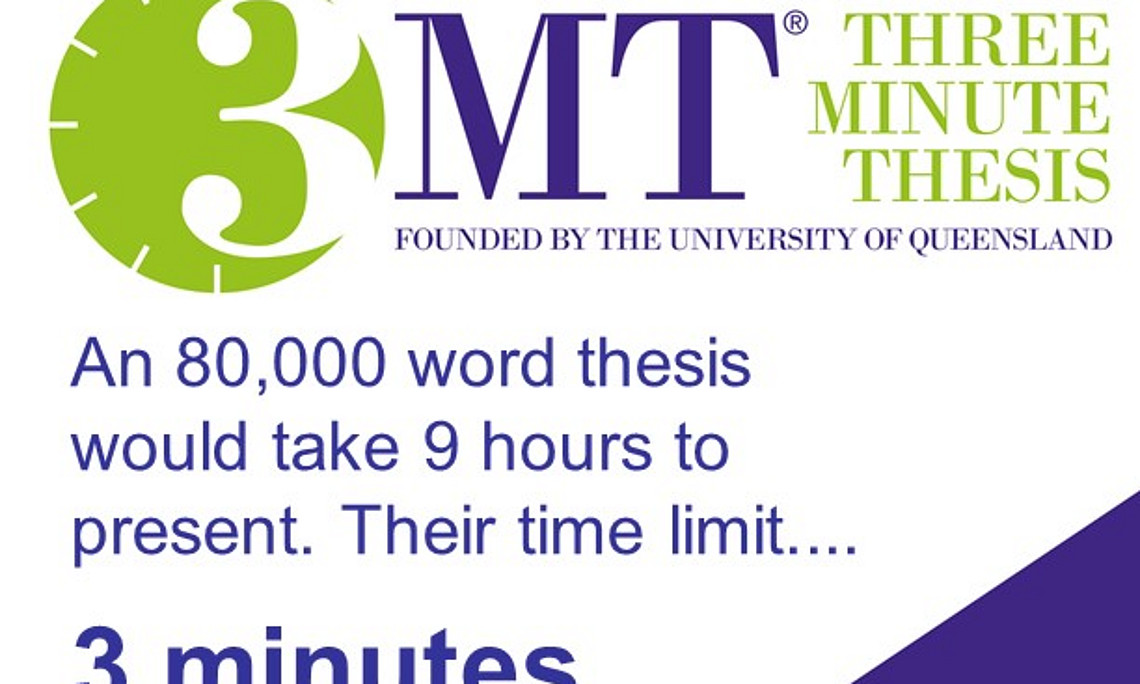 graphic image in white, green and purple, with 3MT-slogan and information on the event in 2024